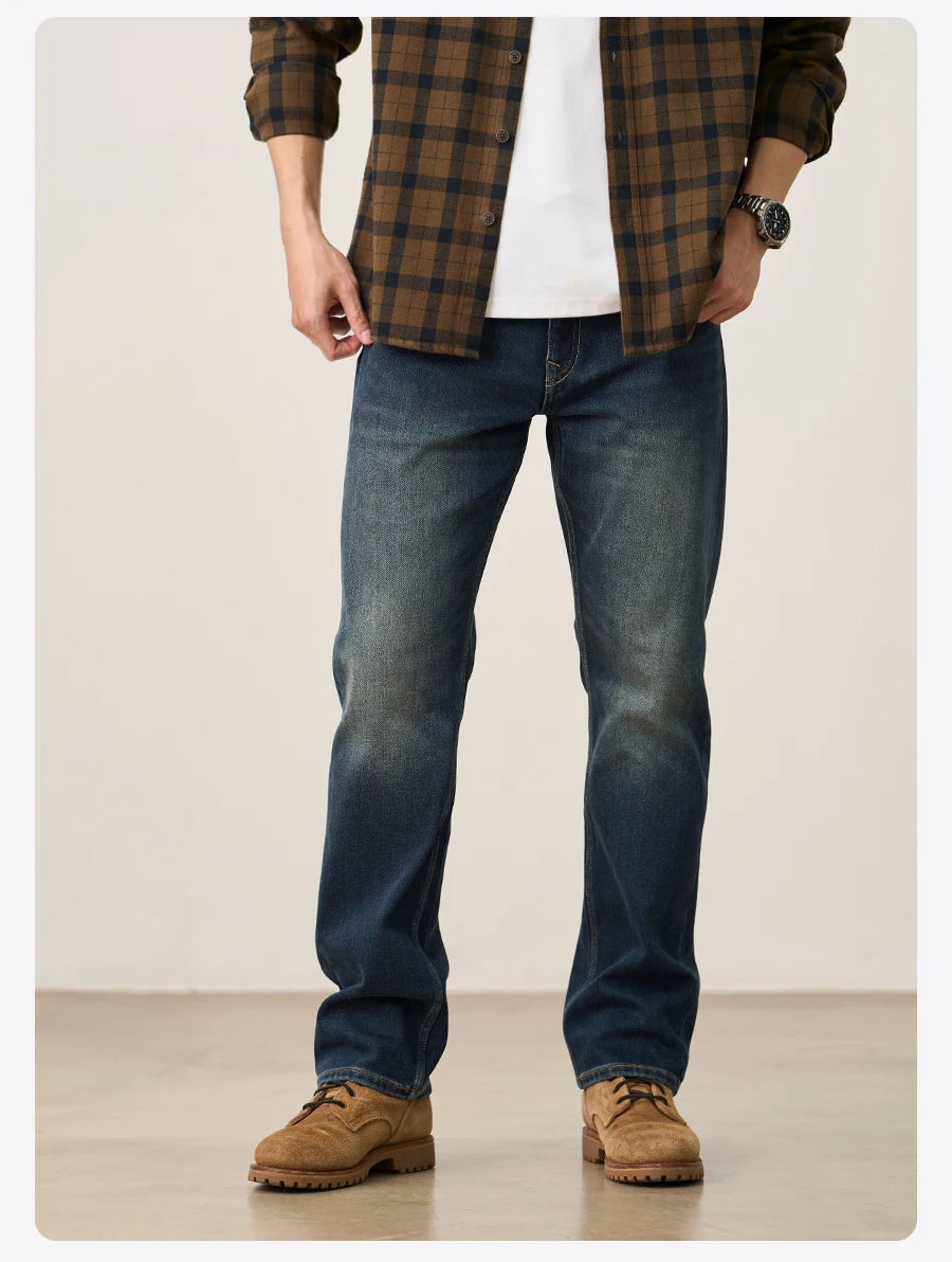 SIMWOOD 2026 Spring New 15oz Warm Micro Fleece Lining Jeans Men Loose Straight Plus Size Denim Trousers