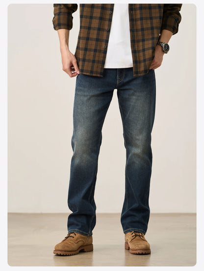 SIMWOOD 2026 Spring New 15oz Warm Micro Fleece Lining Jeans Men Loose Straight Plus Size Denim Trousers
