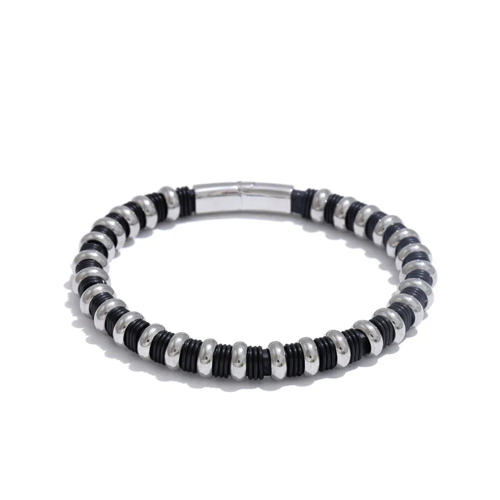 65mm Distinctive Stainless Steel Leather Metal Beads Bracelet Bangle - ShopHub