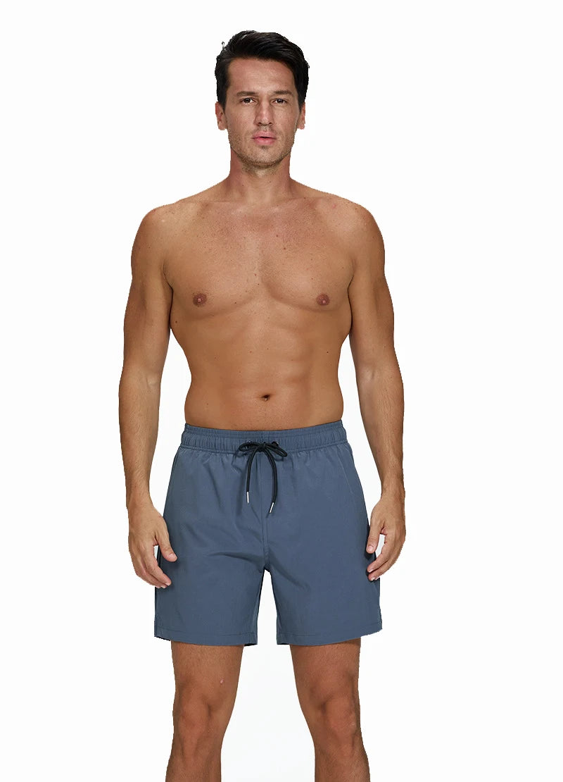 Men's summer boardshorts by ShopHub NZ, polyester with spandex, elastic waistband, side zipper pockets, ideal for gym, beach, swim.