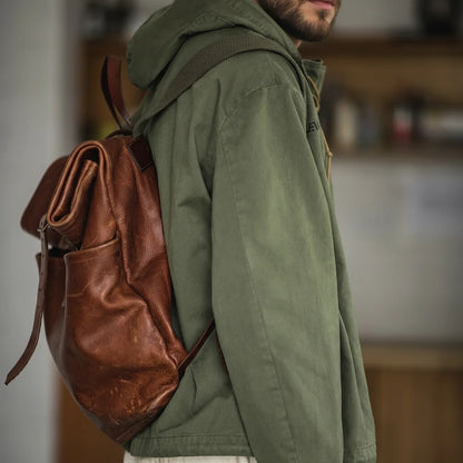 Maden Retro Green Deck Jacket Hooded Sweatshirt wtih Drawstring Collar Cuffs Adjustable Design Windbreaker Pullover for Men