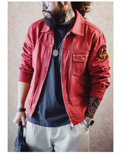 Maden New Vintage Heavy-Duty Letter Embroidered 12MJZ Jacket Red Slim-Fit Canvas Lapel Coat Men's Spring Zip-Up Casual Outerwear