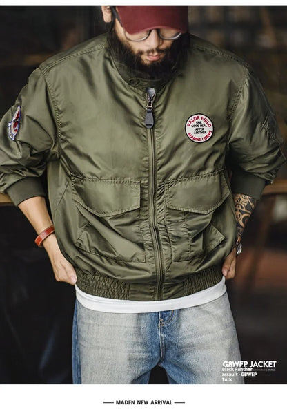 Maden Vintage Military Style G8WEP Jacket Men's Short Length Stand Collar Tactical Coat Green Lightweight Zip-Up Field Jacket