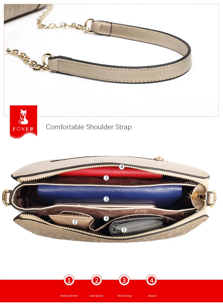 FOXER 2026 Spring Summer Women's Crossbody Bag Split Leather Fashion Chain Shoulder Bag Luxury Commuter Lady Cellphone Purse