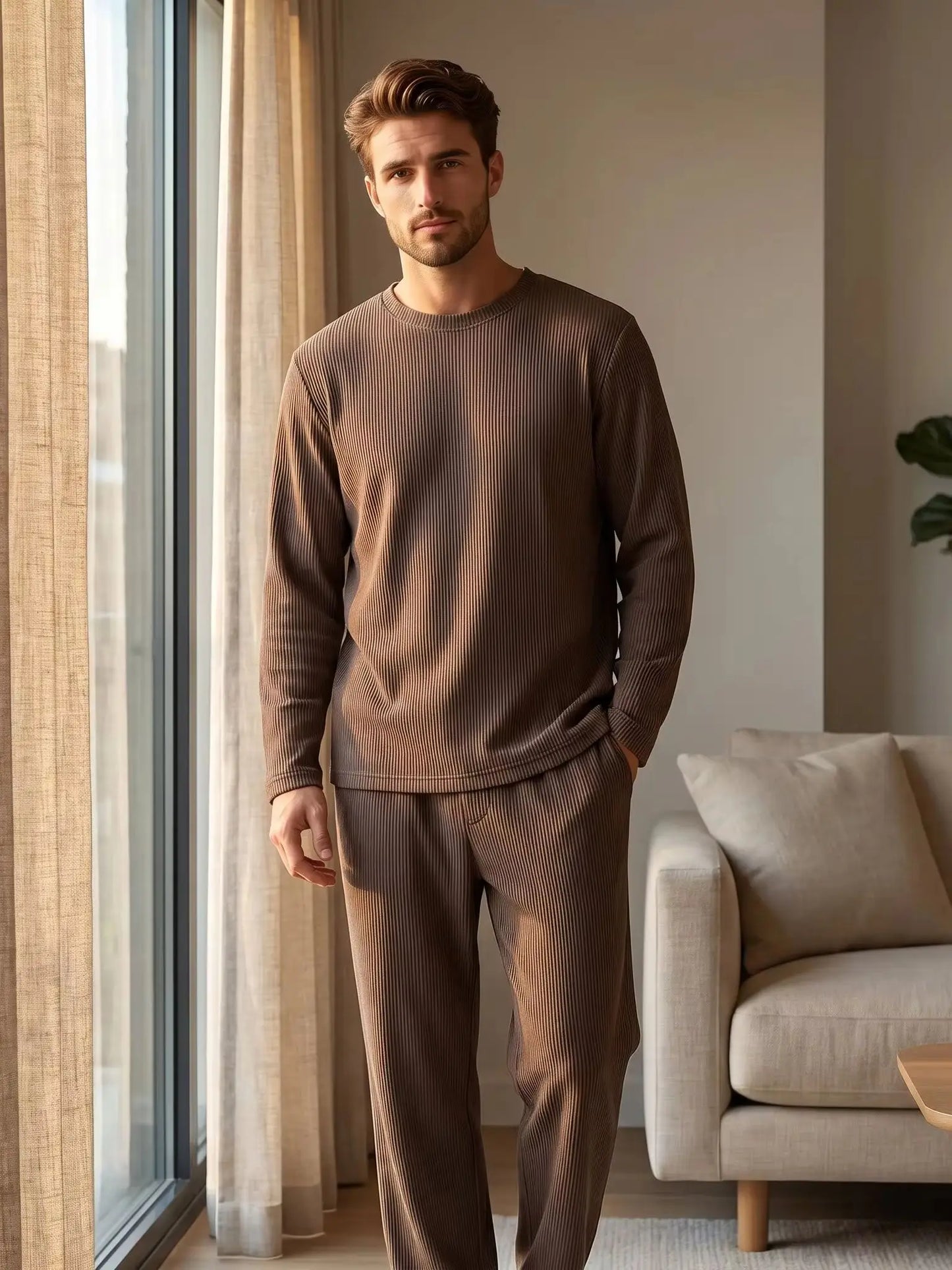 Men's long sleeve pajama set by ShopHub NZ, featuring comfortable fabric and stylish design for relaxed sleepwear.