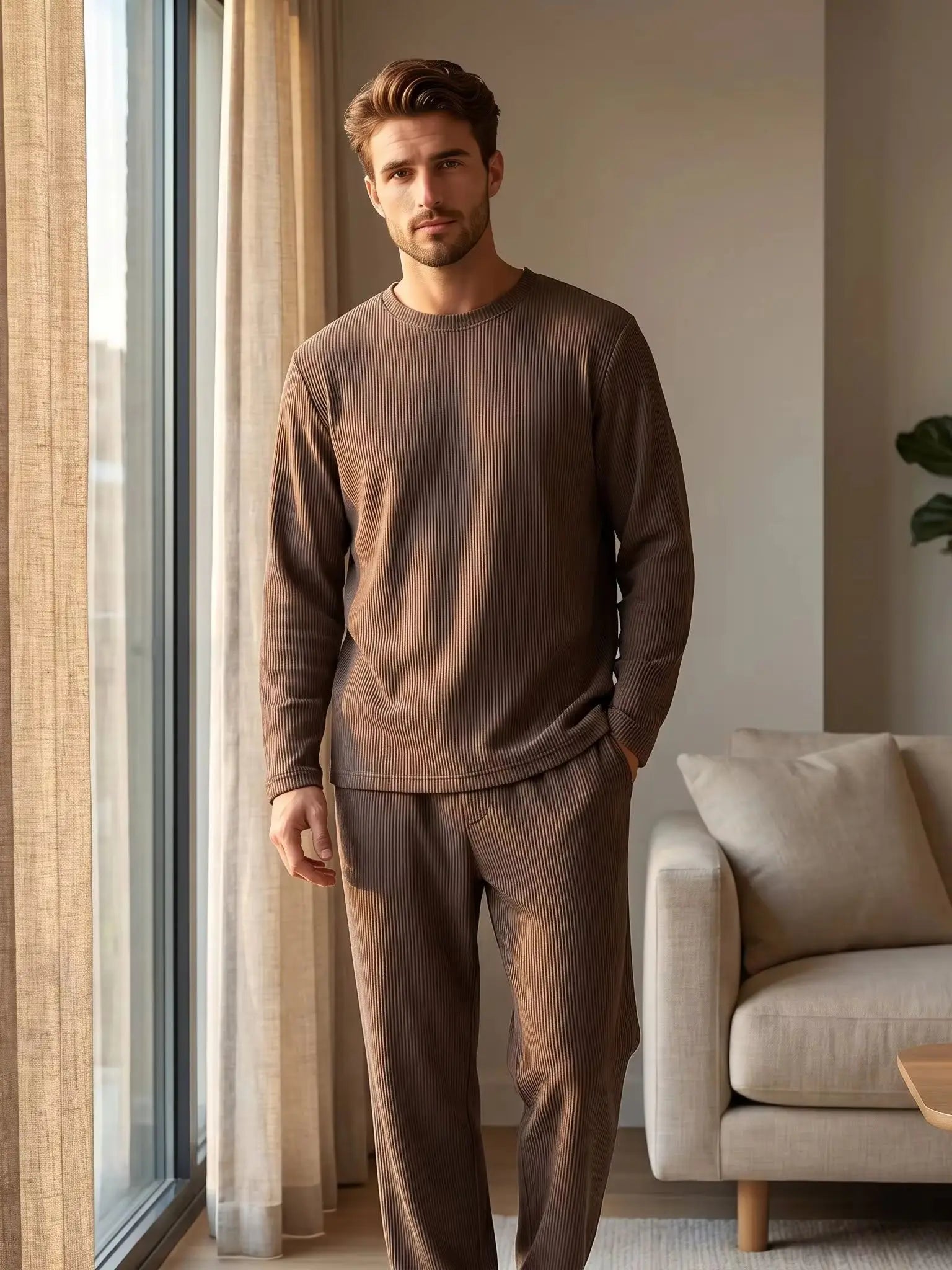 Men's long sleeve pajama set by ShopHub NZ, featuring comfortable fabric and stylish design for relaxed sleepwear.