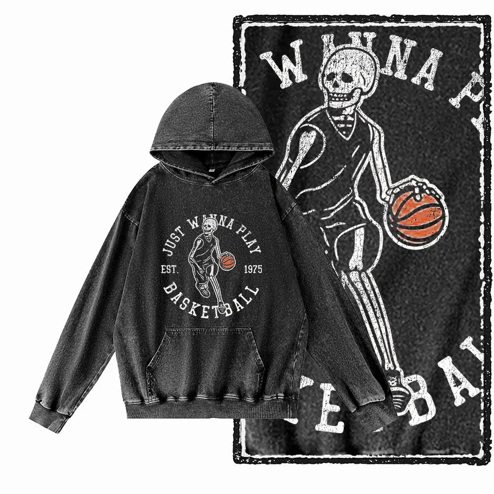 Courtside Basketball Graphic Acid-Washed Black Hoodie