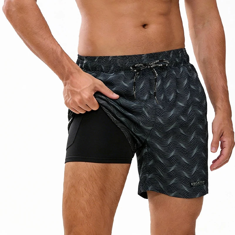 Men's beach shorts by ShopHub NZ featuring classic print, elastic waist, 2-in-1 design, ideal for swimming and beachwear.