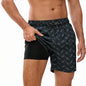 Men's beach shorts by ShopHub NZ featuring classic print, elastic waist, 2-in-1 design, ideal for swimming and beachwear.