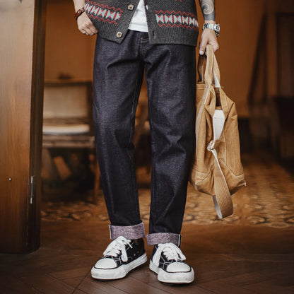 Maden Men's Vintage 10.9oz Selvedge Raw Denim Jeans Indigo Straight Fit Pants Zip Fly Casual Trousers for Autumn and Winter