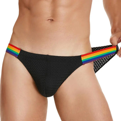 SEOBEAN Men's Breathable Underwear - Mesh Sexy Briefs with Rainbow Belt
