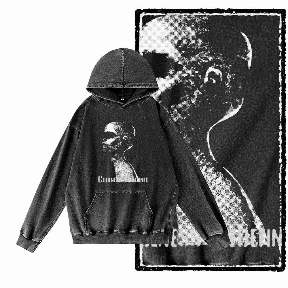 COOLMIND G21 Vintage Graphic Acid-Washed Black Hoodie