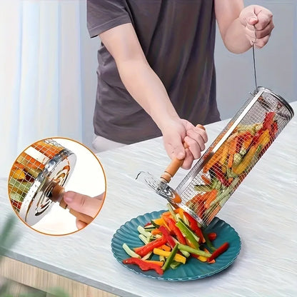 2Pcs Stainless Steel BBQ Grill Set - Heavy Duty Camping Cooking Tool with Wood Handle & Hook