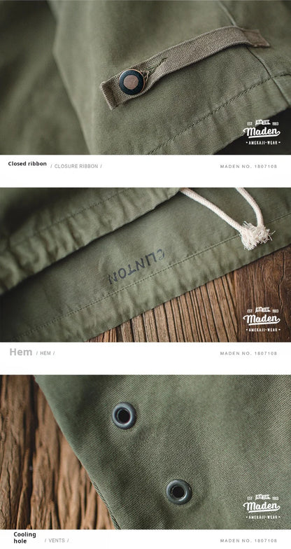 Maden Retro Green Deck Jacket Hooded Sweatshirt wtih Drawstring Collar Cuffs Adjustable Design Windbreaker Pullover for Men