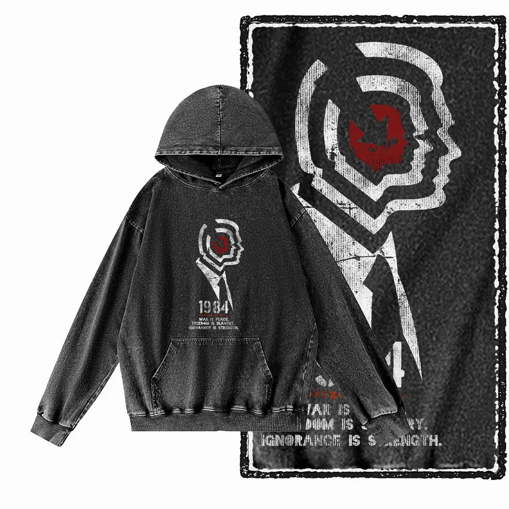 1984 Graphic Acid-Washed Black Streetwear Hoodie
