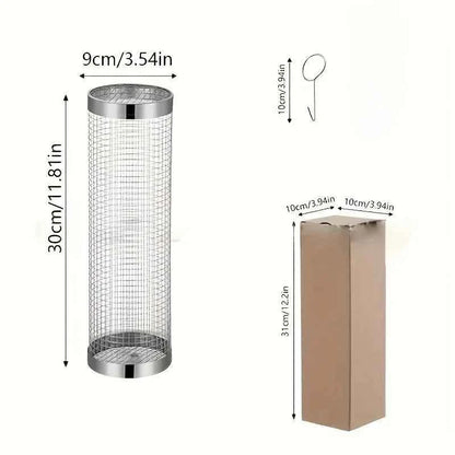 2pc Stainless Steel Rolling Grill Basket Set - Heavy Duty Cylinder Mesh for Camping, Picnic & Outdoor BBQ Accessories