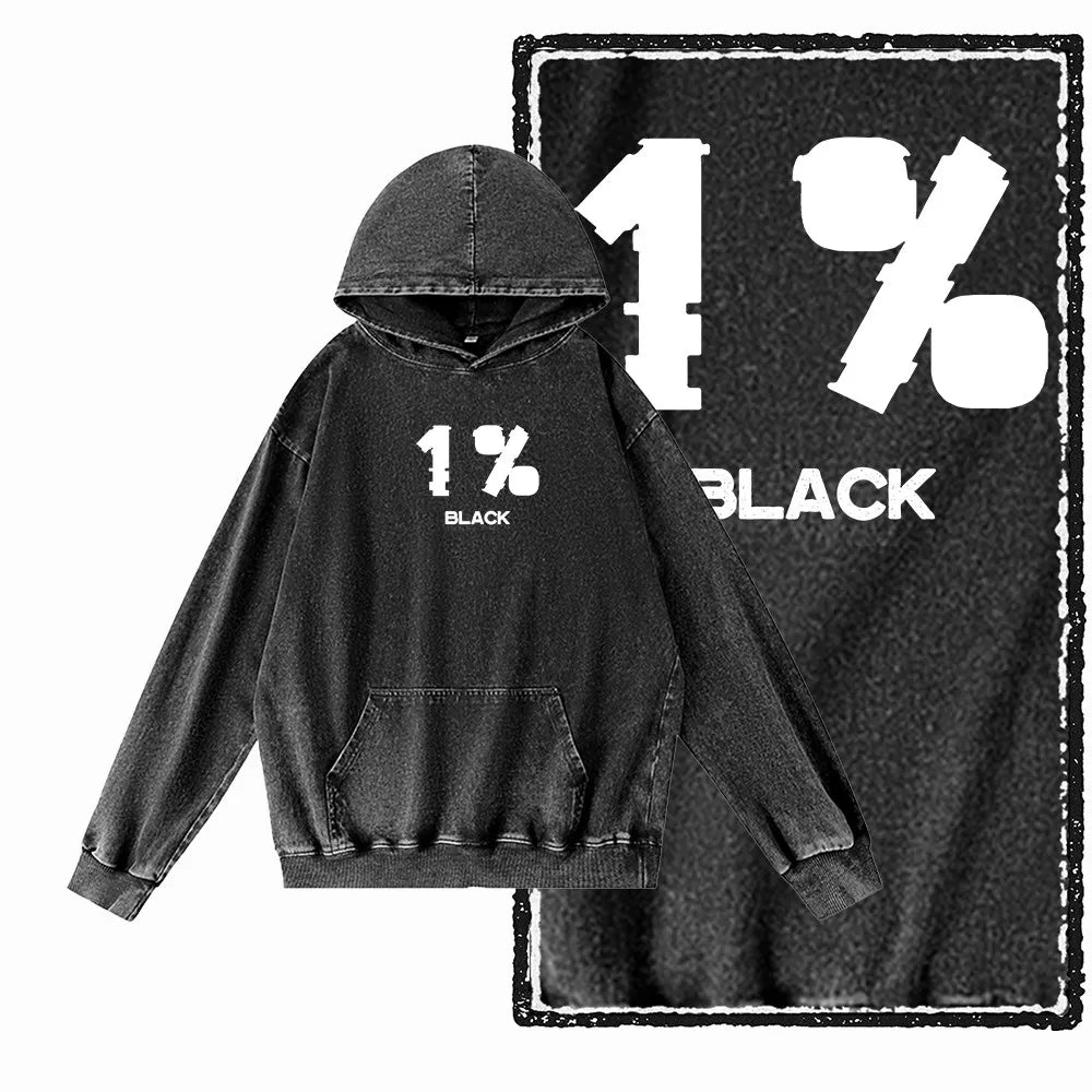 COOLMIND G25 Vintage Print Acid-Washed Black Hoodie