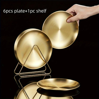 6Pcs Stainless Steel Plates Set with Storage Rack for BBQ Camping Kitchen Accessories