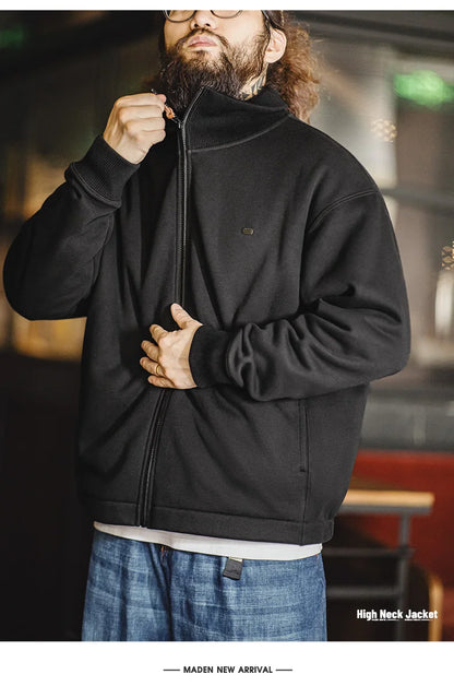 Maden Men's High Neck Warm Jacket Polar Fleece Lining Thickened Coat Casual Sports Style Cardigan Sweater Vintage Tennis Jacket