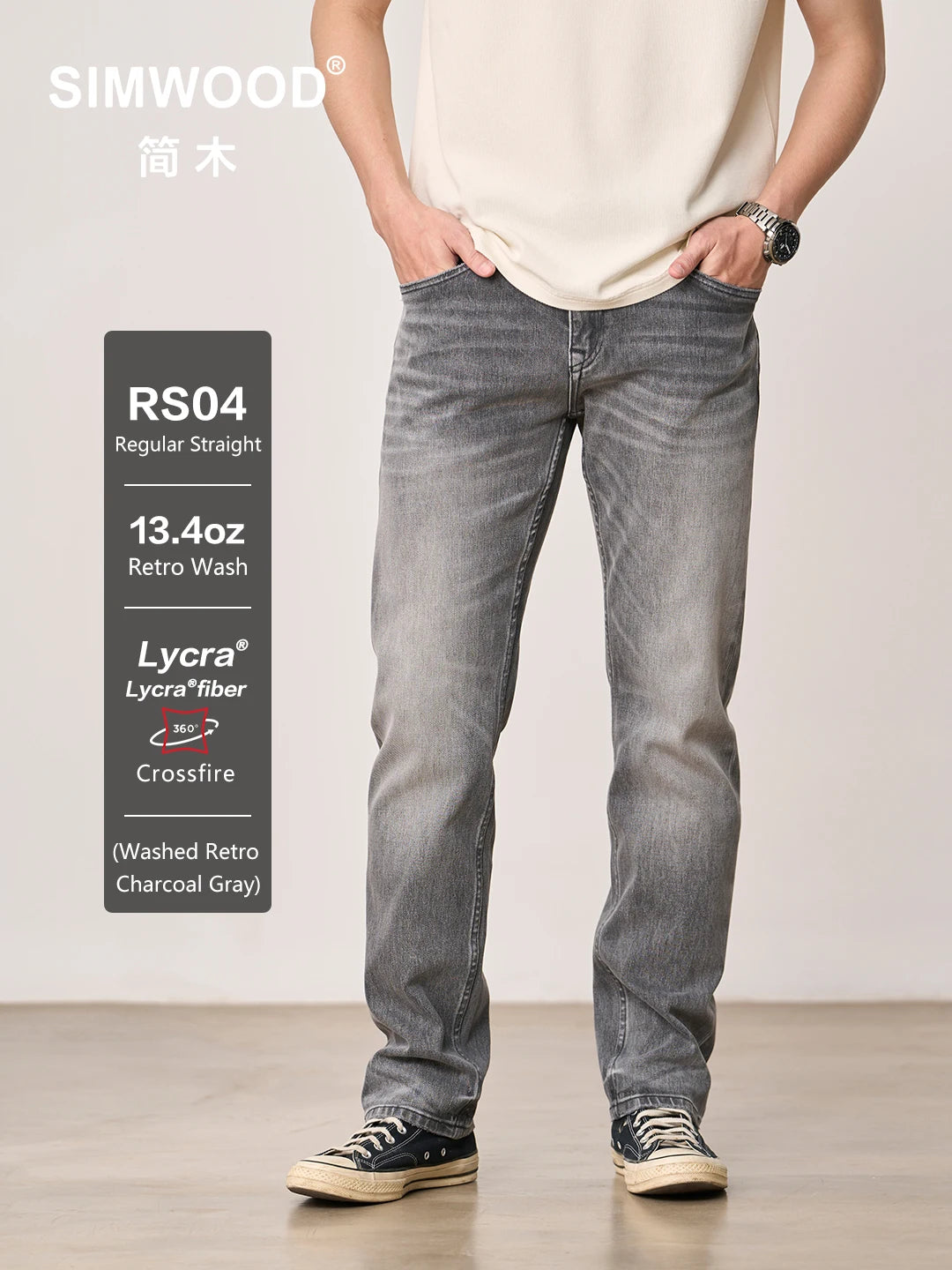 SIMWOOD【CT03/RS04】13.4OZ  Enzyme Washed Jeans Men 4-Way Stretch Denim Pants High Elastic