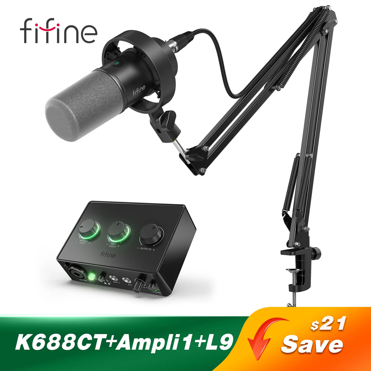 FIFINE podcast microphone kit with microphone, stand, and accessories for high-quality audio recording.