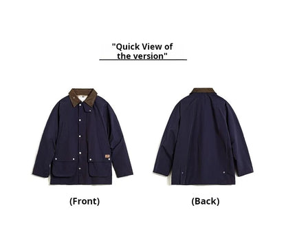 Maden Vintage Men's Blue Safari Jacket Waterproof Hunting Coat Loose Fit Windproof Contrast Collar Windbreak  for Spring Fall