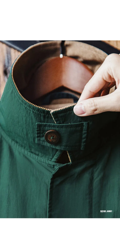 Maden Men's Retro Multi-pocket Safari Jacket Green Loose Corduroy Lapel Classic Coat Versatile Outerwear for Spring and Autumn
