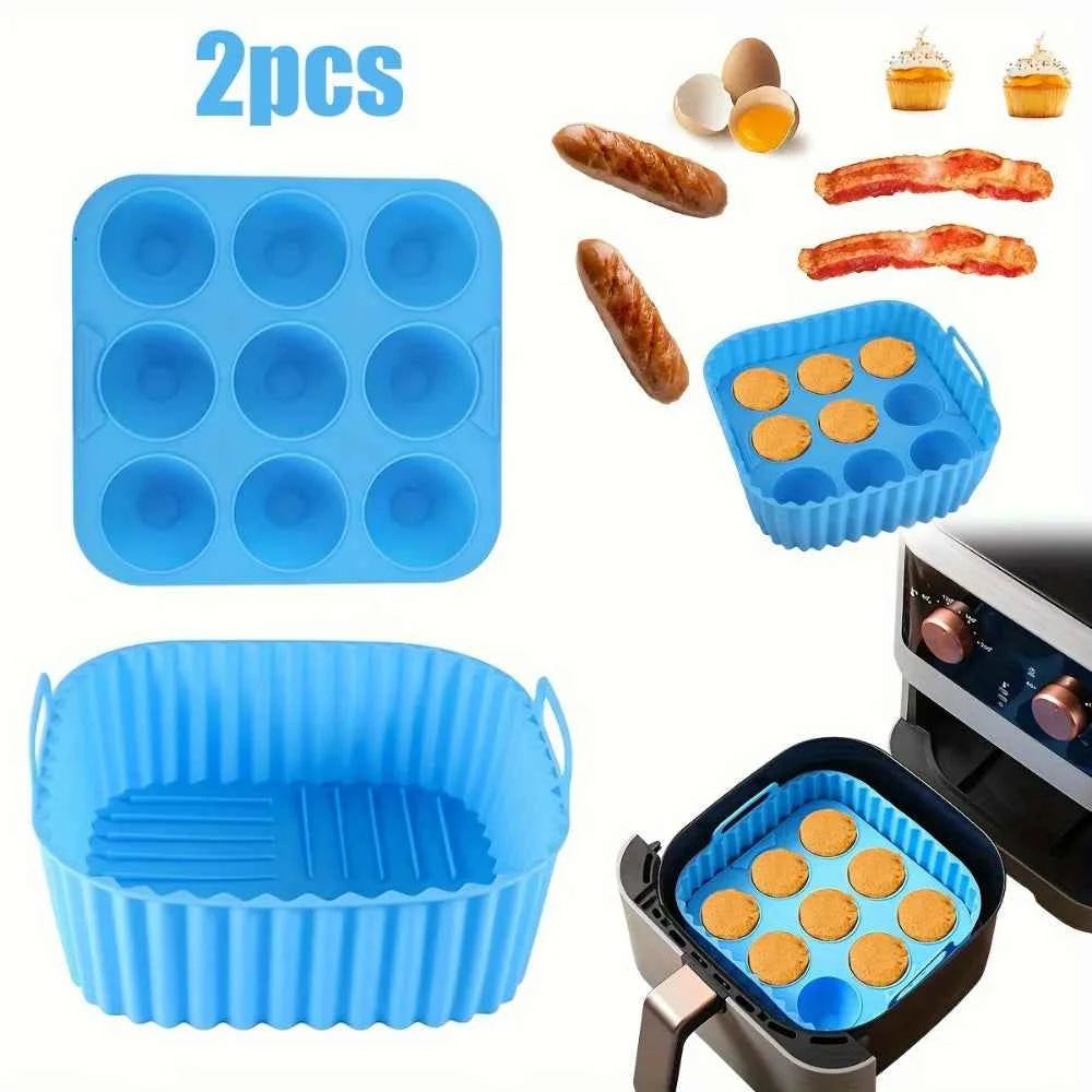 Premium Square Silicone Air Fryer Set, 9-Hole Cake Mold & Pan, Non-Stick Reusable Liner for Oven, Dishwasher Safe