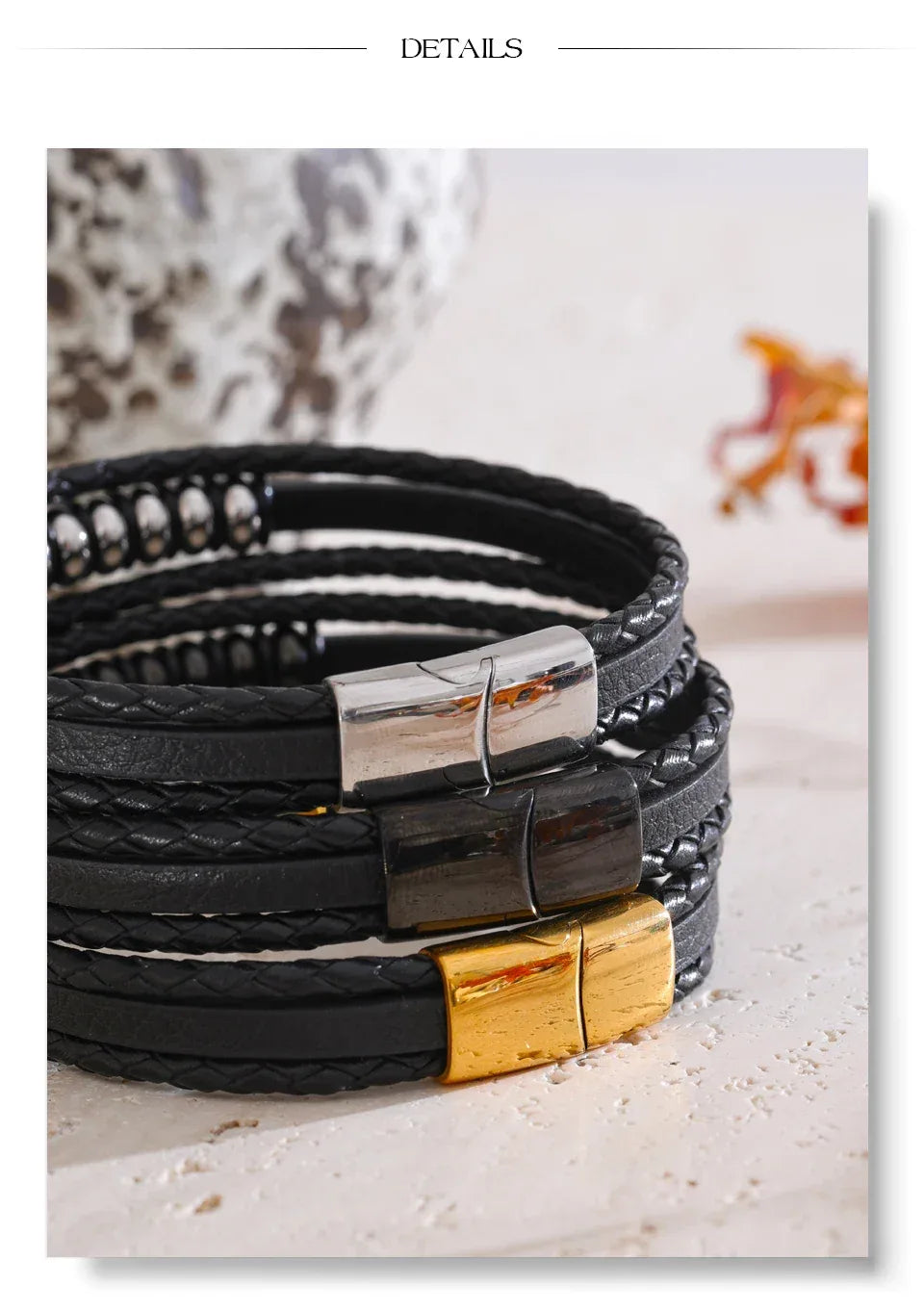 Stylish Black Fibre Leather Layered Men's Wrist Bracelet Bangle - ShopHub