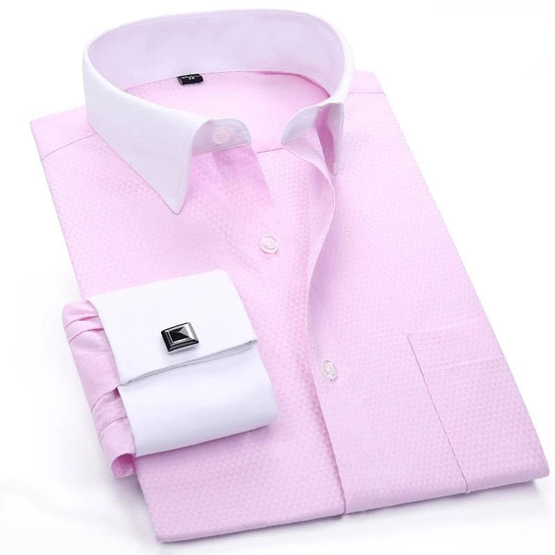 Quality Gentle Formal Men's Dress Shirt with French Cuff, Long Sleeve Solid & Striped Styles, Plus Size & Cufflinks Included
