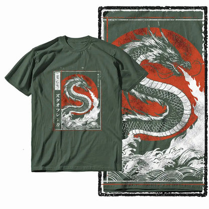 G28 Army Green Cotton Cool Dragon Graphic Men T-shirt |  Streetwear Big Size Vintage O-neck men's Tee Tshirt