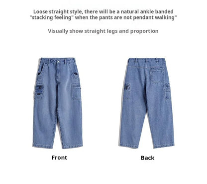 Maden Men's Vintage 10.5oz Washed Denim Jeans Loose Fit Cargo Pocket Workwear Pants Casual Blue Trousers for Spring and Autumn