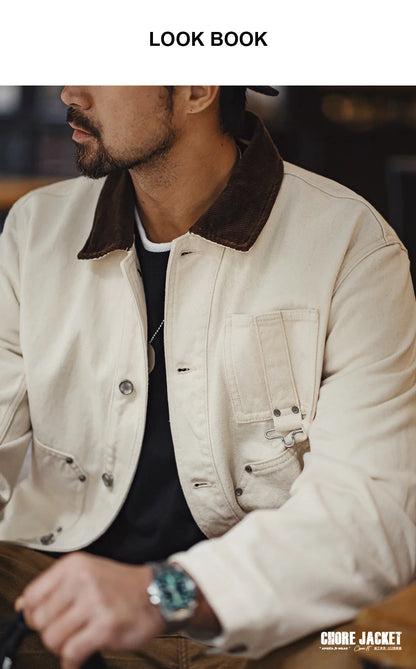 Maden Men's Retro French J22 Jacket Heavyweight White Cottonseed Shell Safari Coat Corduroy Collar Spring/Fall Hunting Outerwear