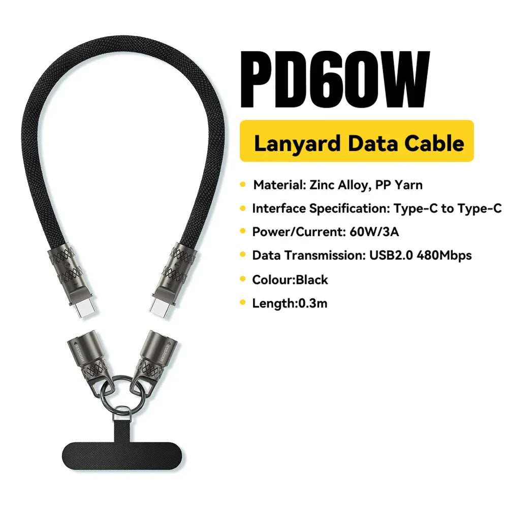 Essager 2 in 1 60W USB-C to Type-C Lanyard Data Cable - ShopHub