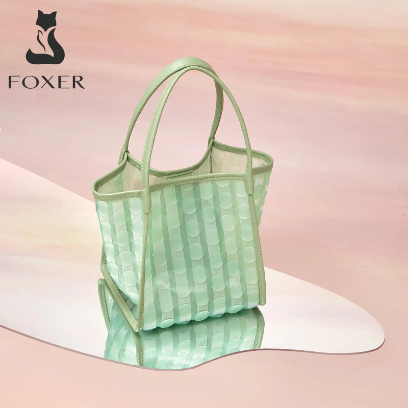 FOXER Light Green Women's Tote Bag, Fashion Waterproof TPU Handbag for Summer Travel & Commute, Lightweight Lady's Shoulder Bag