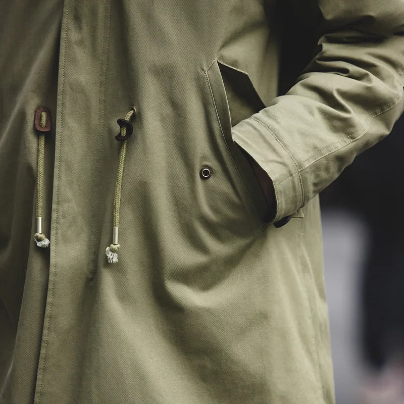 Maden Men's Thick Hooded M-51 Fishtail Cotton Coat Plus Velvet Parka Jacket Green Windbreaker Winter Autumn Men Trench Coat