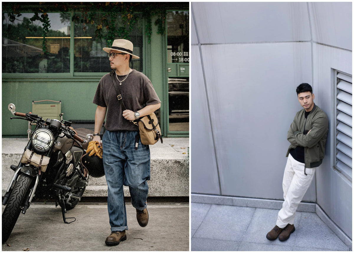 Two men in different settings, one near a motorcycle and the other leaning against a building.