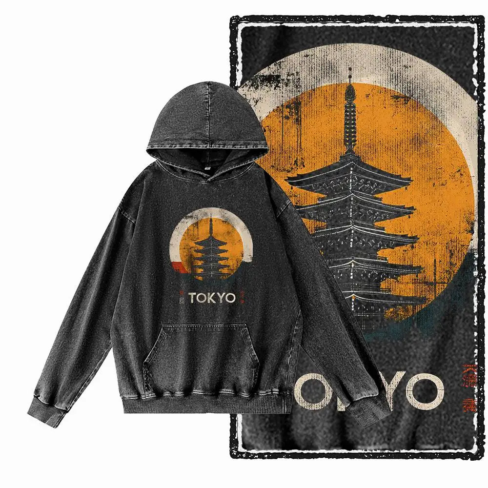 Dragon Strike Acid-Washed Black Graphic Hoodie