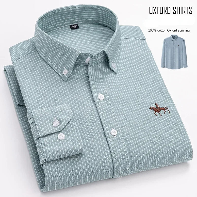 Pure Cotton Oxford Embroidered Horse Shirt for Men - Oversized Floral Long Sleeve Casual Streetwear Plus Size
