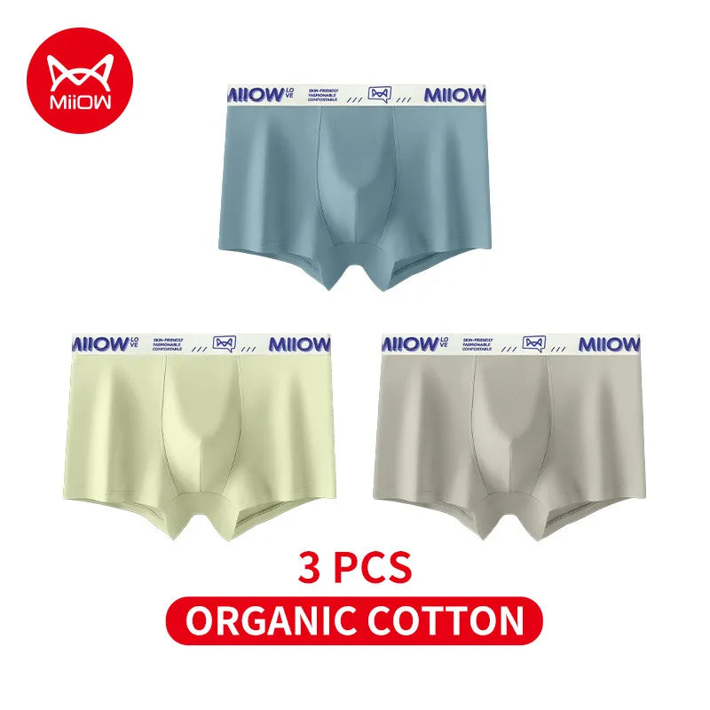 MiiOW Cotton Men's Underwear - 3Pcs Antibacterial Soft Silky Breathable Boxershorts