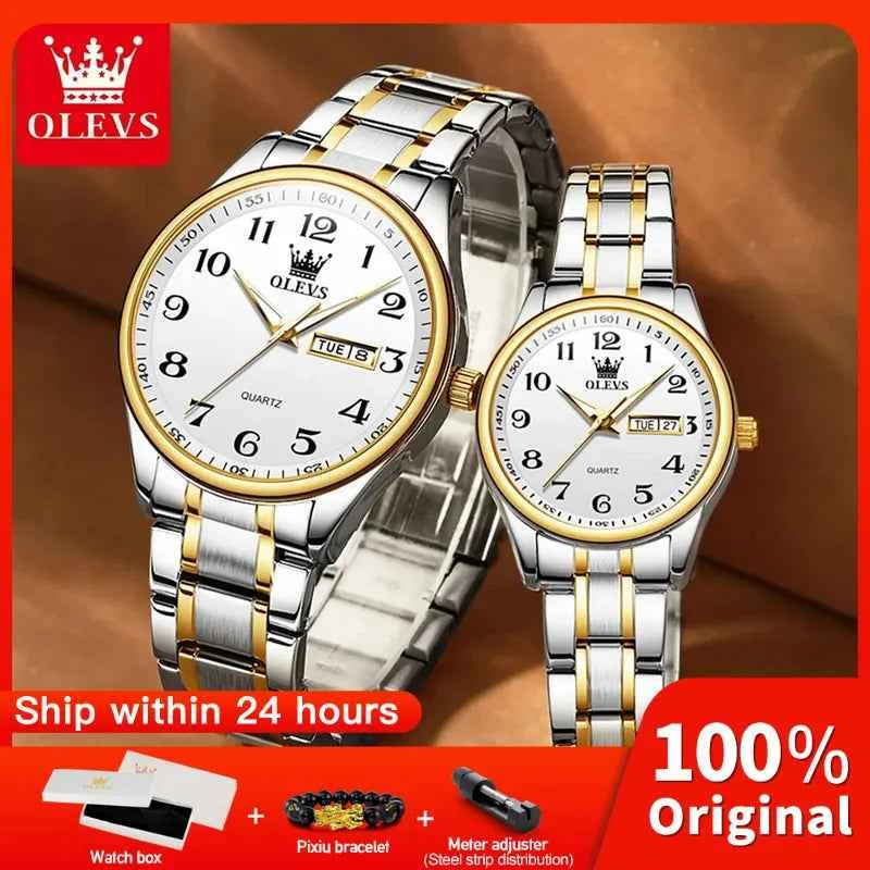 OLEVS 5567 Couple Luxury Watches Water Resistant Luminous Quartz Wristwatch with Day Date for Perfect Couple Gifts