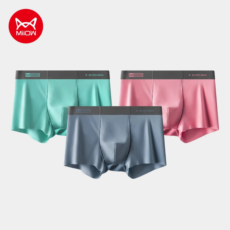 MiiOW Men Underwear Boxers - 3Pcs Cotton Antibacterial Crotch Silky Breathable Boxers