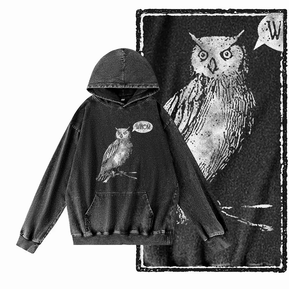 Vintage Owl Graphic Acid-Washed Black Hoodie
