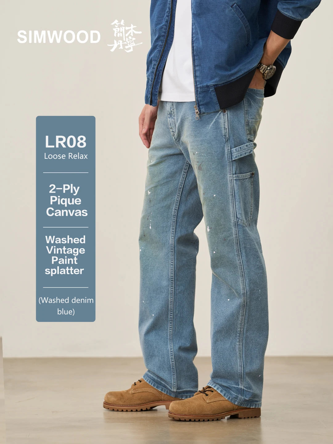 SIMWOOD High Standard 2026 Autumn New Loose Relax 12oz Fabric Denim Logger Pants Men Outdoor Workerwear Paint Splatter Jeans