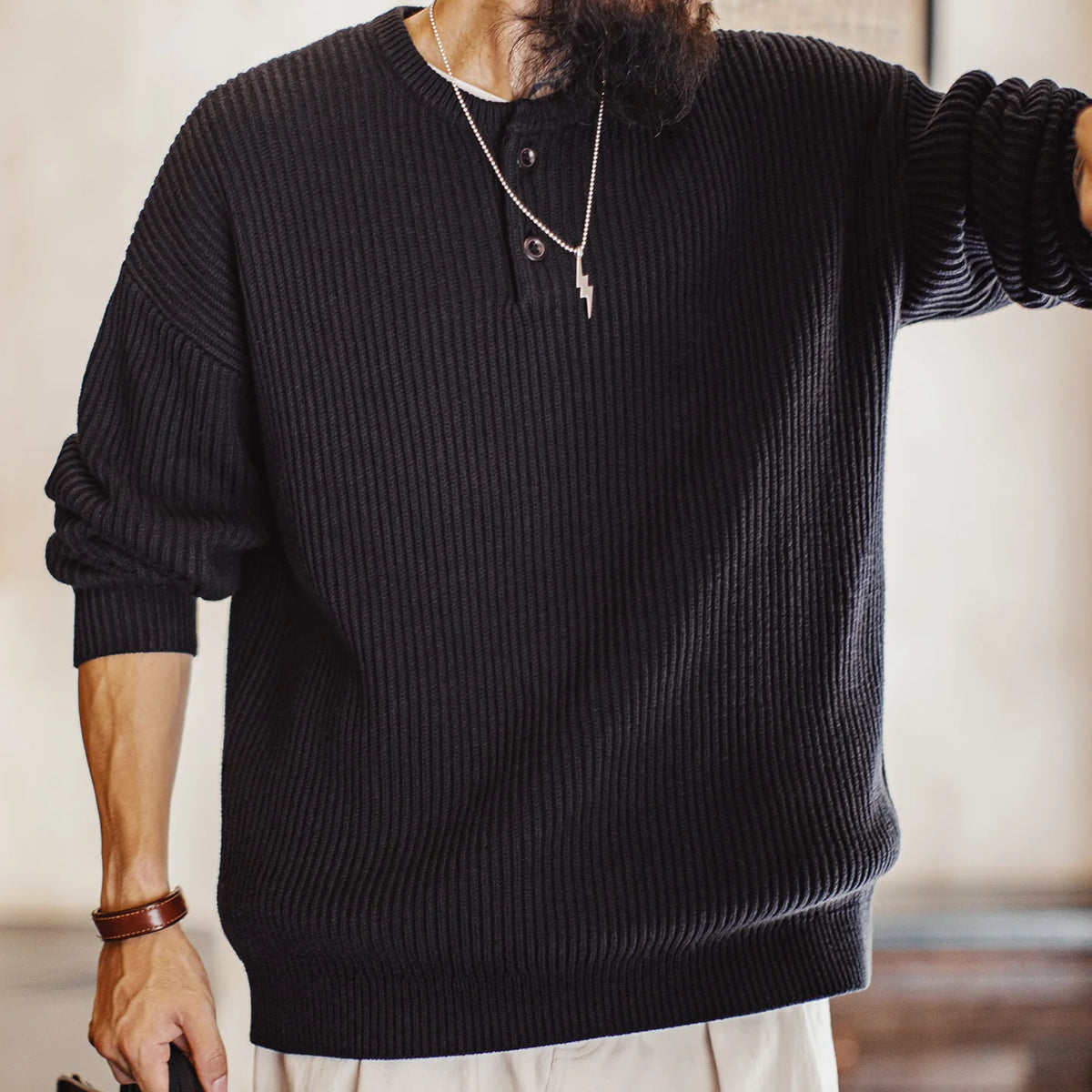 MADEN Black Heavyweight Henley Sweater