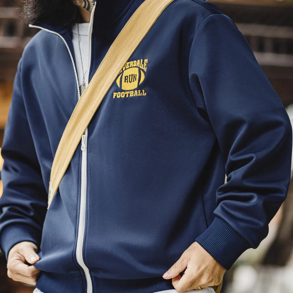 Maden Casual College Style Color-Block Embroidered Jacket Men's Spring Stand Collar Loose Fit Coat Zip-Up Retro Hoodie Cardigan