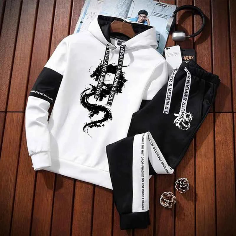 Chinese Dragon Print Hoodie Tracksuit for Men | Winter Autumn Jogging Sportswear