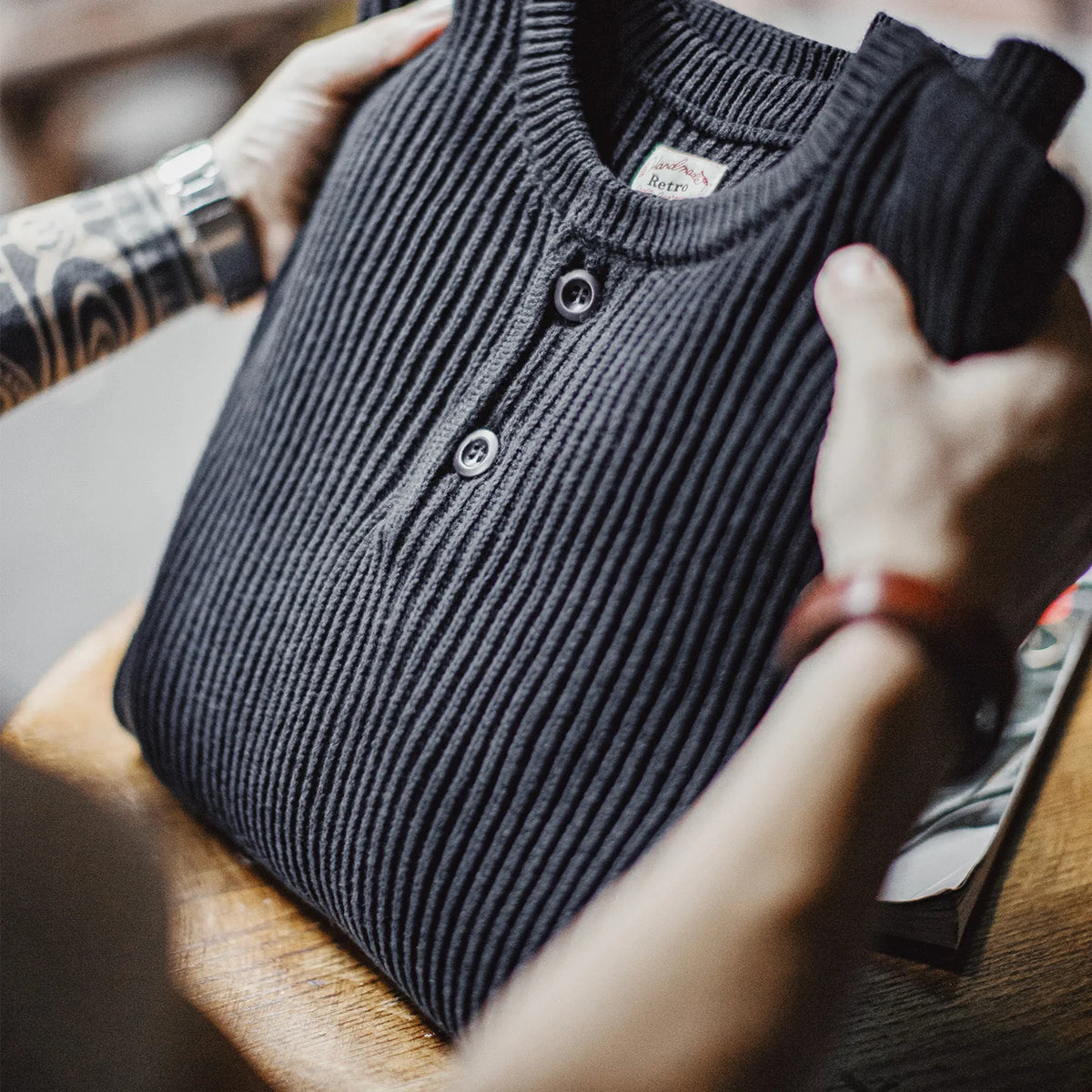 MADEN Black Heavyweight Henley Sweater
