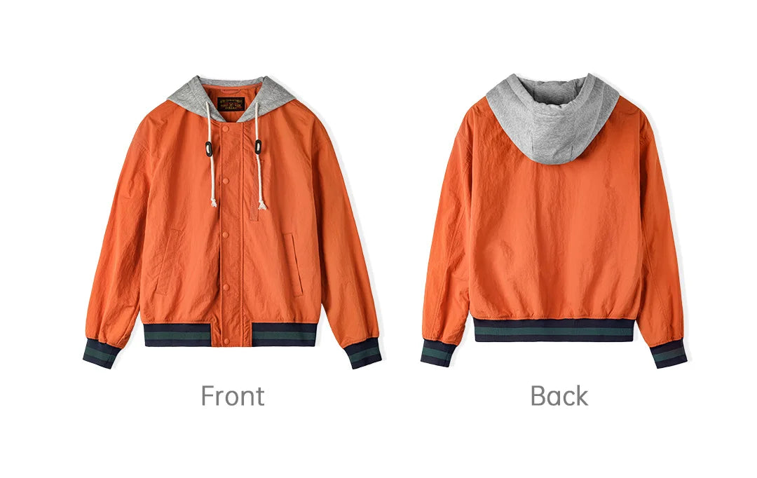 Maden Men's Retro Patchwork Color-Block Hooded Flight Jacket Orange Bomber Jacket Casual Zip-Up Lightweight Spring Fall Outwear
