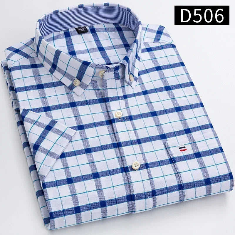 100% Cotton Men's Breathable Cotton Plaid Shirt - Short Sleeve Oxford Summer Striped Regular Fit Oversized Clothing